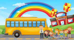 Students and school bus at school illustration